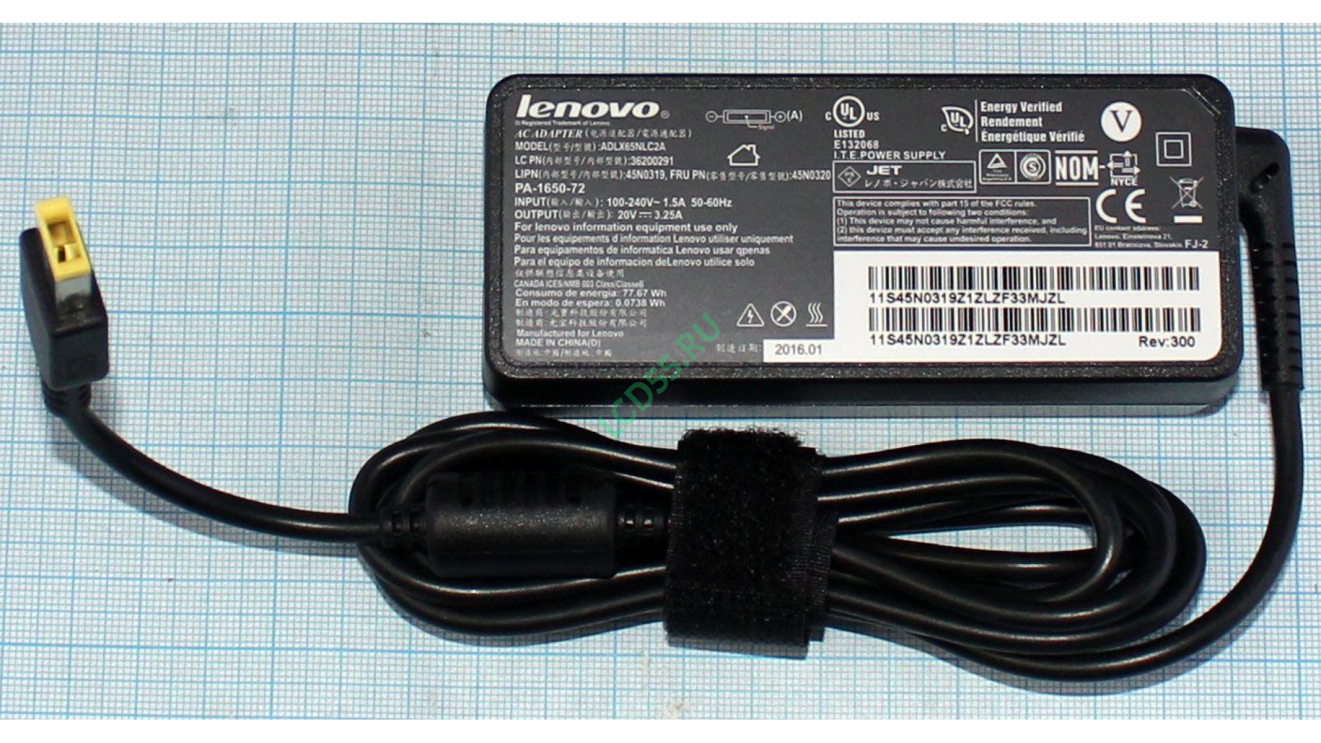 Блок питания Lenovo 92P1156 20V, 3.25A, 65W, прямоугольный штекер