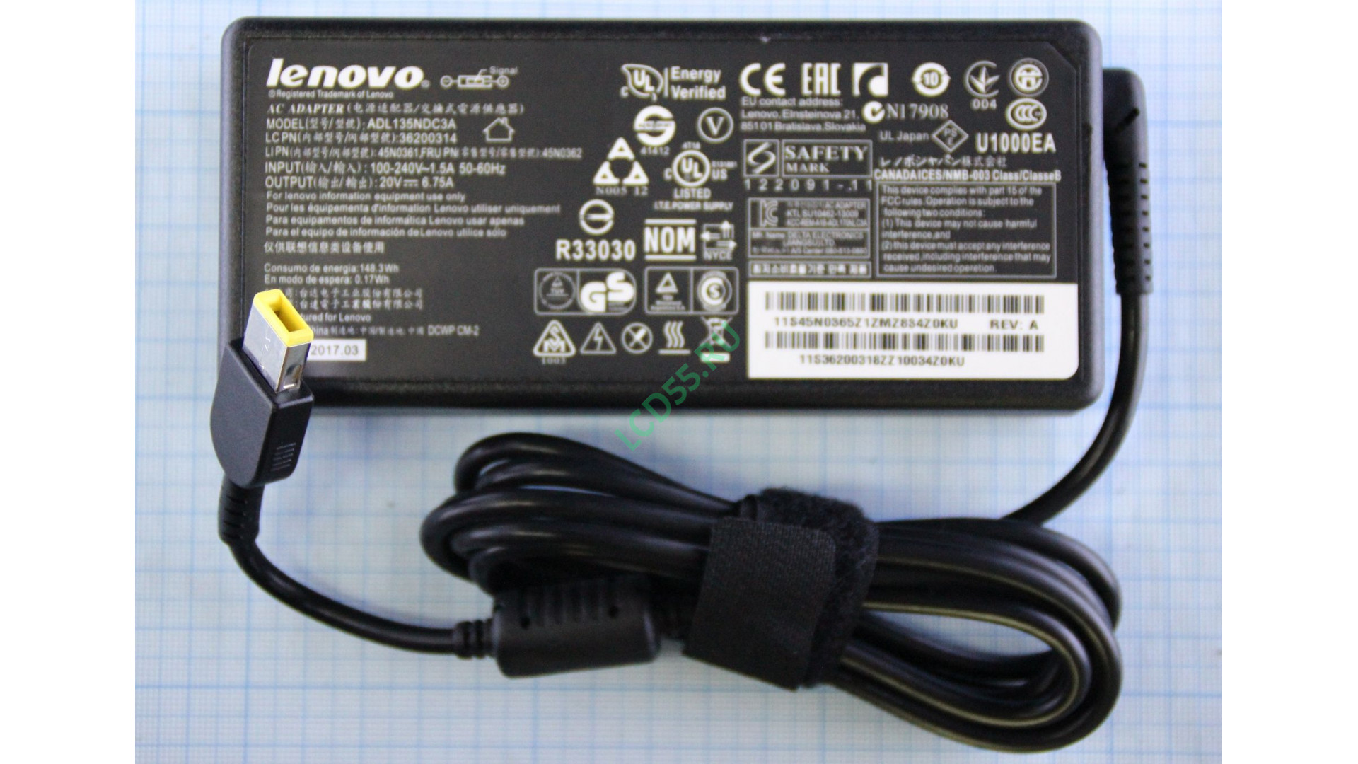 Блок питания Lenovo 20V 6.75A 135W прямоугольный штекер Original